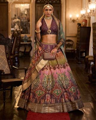 Multi Sparkle & Mirror Silk Blend Semi Stitched Lehenga Set 1