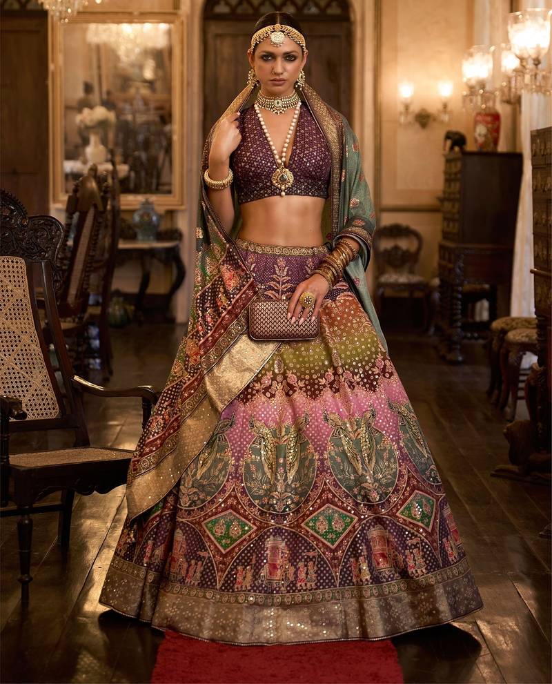 Multi Sparkle & Mirror Silk Blend Semi Stitched Lehenga Set