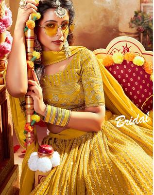 Mustard Embroidered & Sequins Georgette Semi Stitched Lehenga Set 4