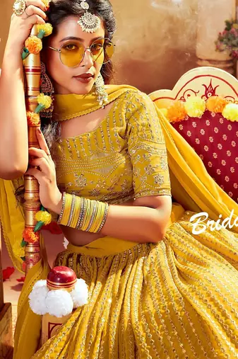 Mustard Embroidered & Sequins Georgette Semi Stitched Lehenga Set