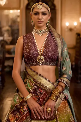 Multi Sparkle & Mirror Silk Blend Semi Stitched Lehenga Set