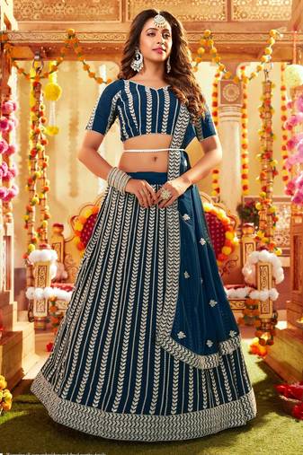 Blue Embroidered & Sequins Georgette Semi Stitched Lehenga Set