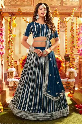 Blue Embroidered & Sequins Georgette Semi Stitched Lehenga Set