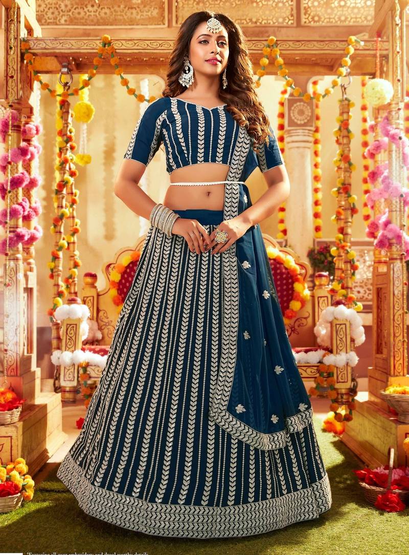 Blue Embroidered & Sequins Georgette Semi Stitched Lehenga Set
