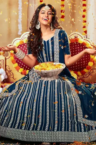 Blue Embroidered & Sequins Georgette Semi Stitched Lehenga Set