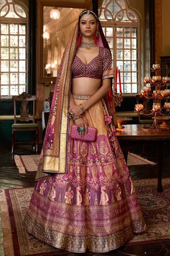 Multi Sparkle & Print Silk Blend Semi Stitched Lehenga Set