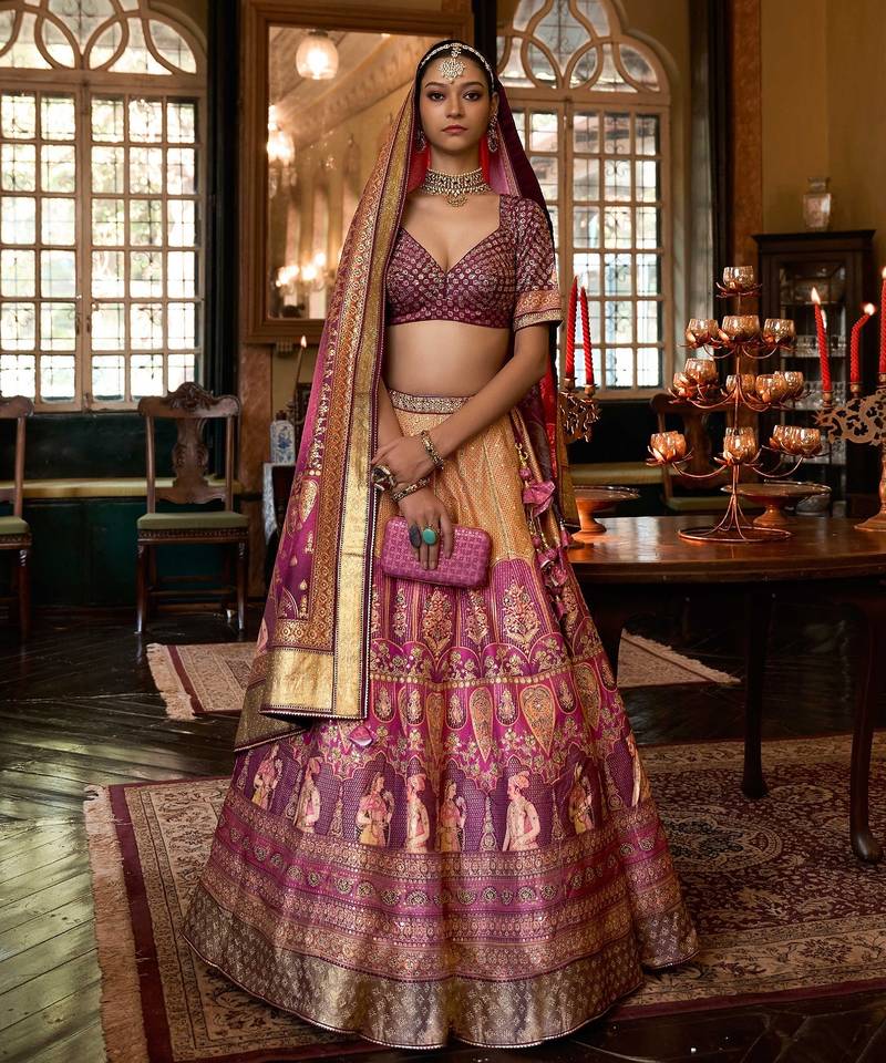 Multi Sparkle & Print Silk Blend Semi Stitched Lehenga Set