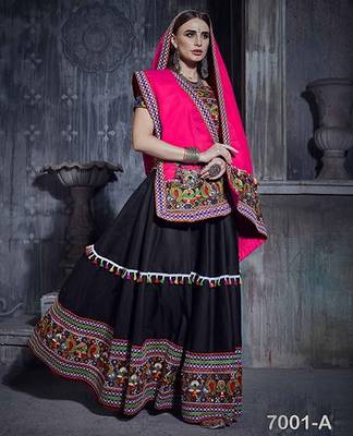 Black Embroidered Sequins & Plastic Mirror Silk Blend Semi Stitched Lehenga Set 1