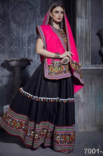 Black Embroidered Sequins & Plastic Mirror Silk Blend Semi Stitched Lehenga Set