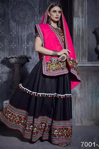 Black Embroidered Sequins & Plastic Mirror Silk Blend Semi Stitched Lehenga Set