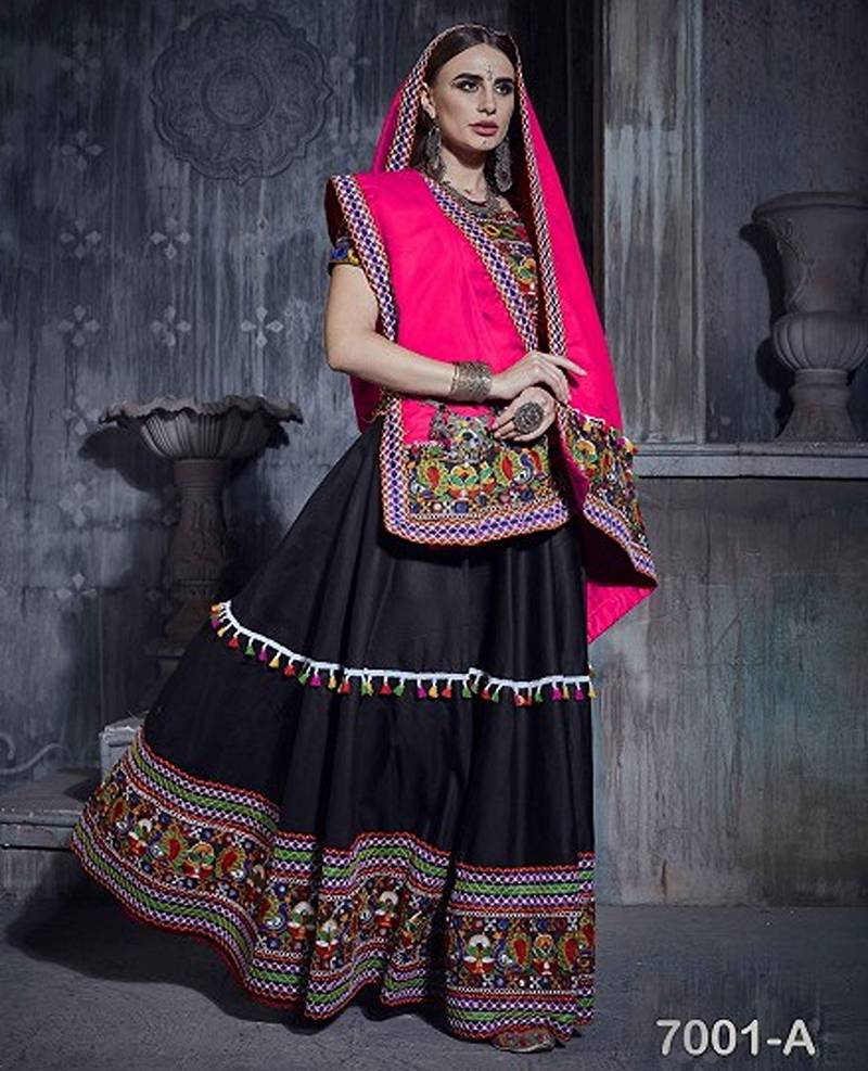 Black Embroidered Sequins & Plastic Mirror Silk Blend Semi Stitched Lehenga Set