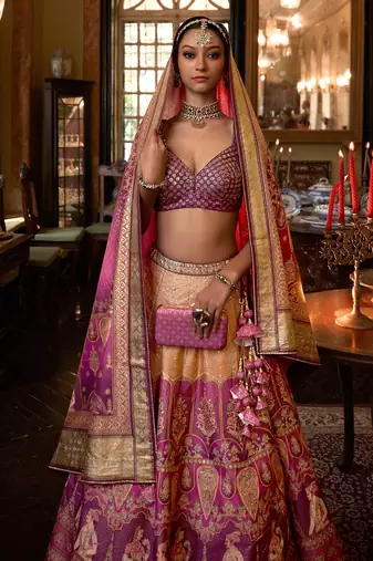Multi Sparkle & Print Silk Blend Semi Stitched Lehenga Set