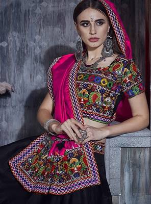 Black Embroidered Sequins & Plastic Mirror Silk Blend Semi Stitched Lehenga Set 2