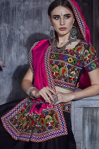 Black Embroidered Sequins & Plastic Mirror Silk Blend Semi Stitched Lehenga Set
