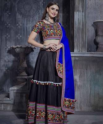 Black Embroidered Sequins & Plastic Mirror Silk Blend Semi Stitched Lehenga Set 1