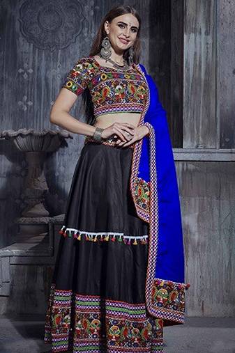 Black Embroidered Sequins & Plastic Mirror Silk Blend Semi Stitched Lehenga Set