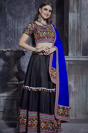 Black Embroidered Sequins & Plastic Mirror Silk Blend Semi Stitched Lehenga Set