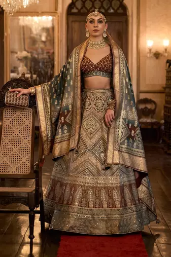 Multi Sparkle & Mirror Silk Blend Semi Stitched Lehenga Set