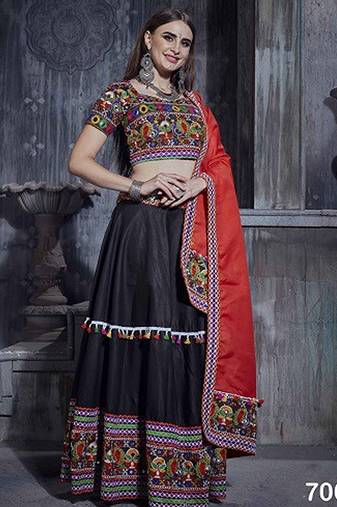 Black Embroidered Sequins & Plastic Mirror Silk Blend Semi Stitched Lehenga Set