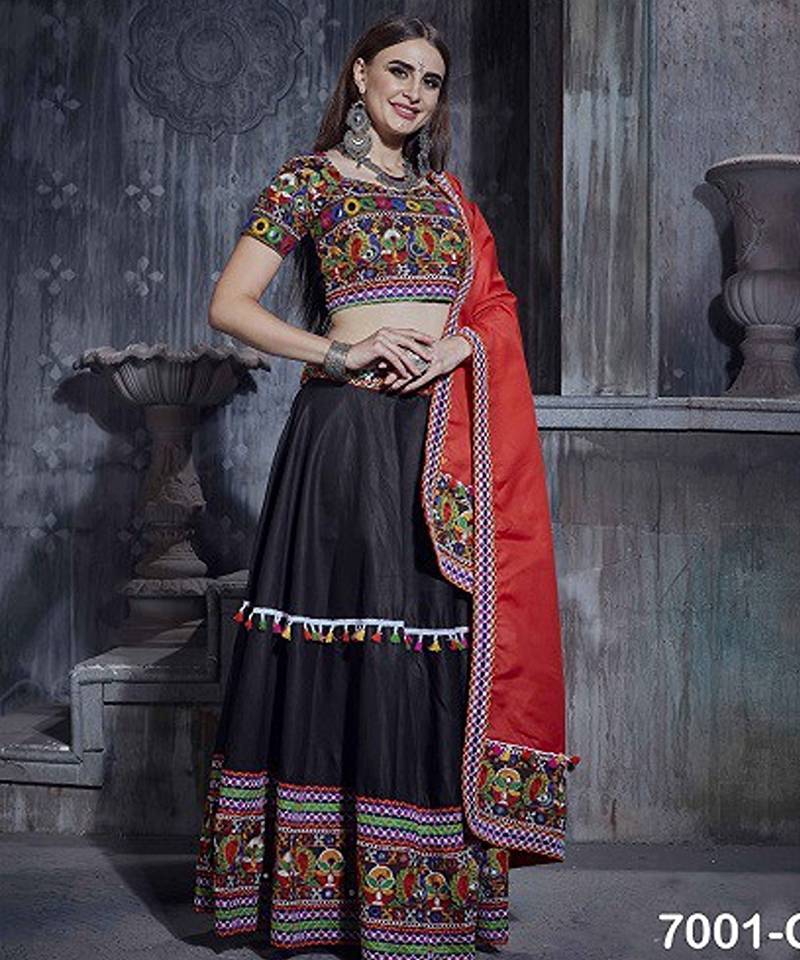 Black Embroidered Sequins & Plastic Mirror Silk Blend Semi Stitched Lehenga Set
