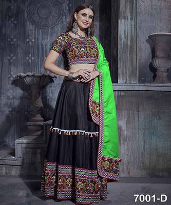 Black Embroidered Sequins & Plastic Mirror Silk Blend Semi Stitched Lehenga Set 1