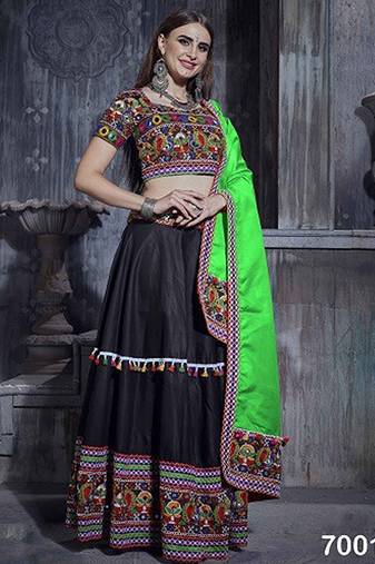 Black Embroidered Sequins & Plastic Mirror Silk Blend Semi Stitched Lehenga Set