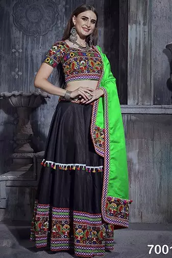 Black Embroidered Sequins & Plastic Mirror Silk Blend Semi Stitched Lehenga Set