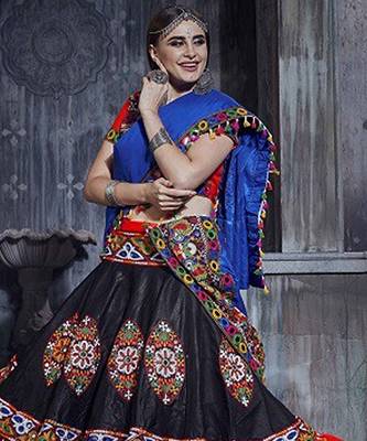 Black & Red Embroidered Sequins & Plastic Mirror Silk Blend Semi Stitched Lehenga Set 1