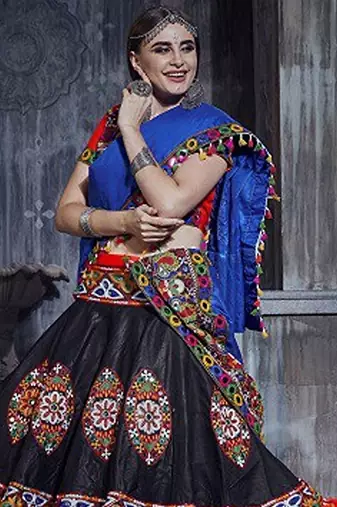 Black & Red Embroidered Sequins & Plastic Mirror Silk Blend Semi Stitched Lehenga Set