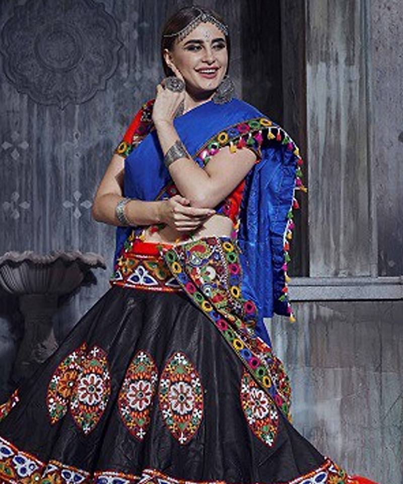 Black & Red Embroidered Sequins & Plastic Mirror Silk Blend Semi Stitched Lehenga Set