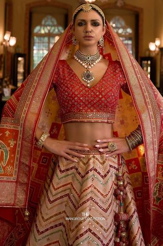 Multi Mirror Silk Blend Semi Stitched Lehenga Set