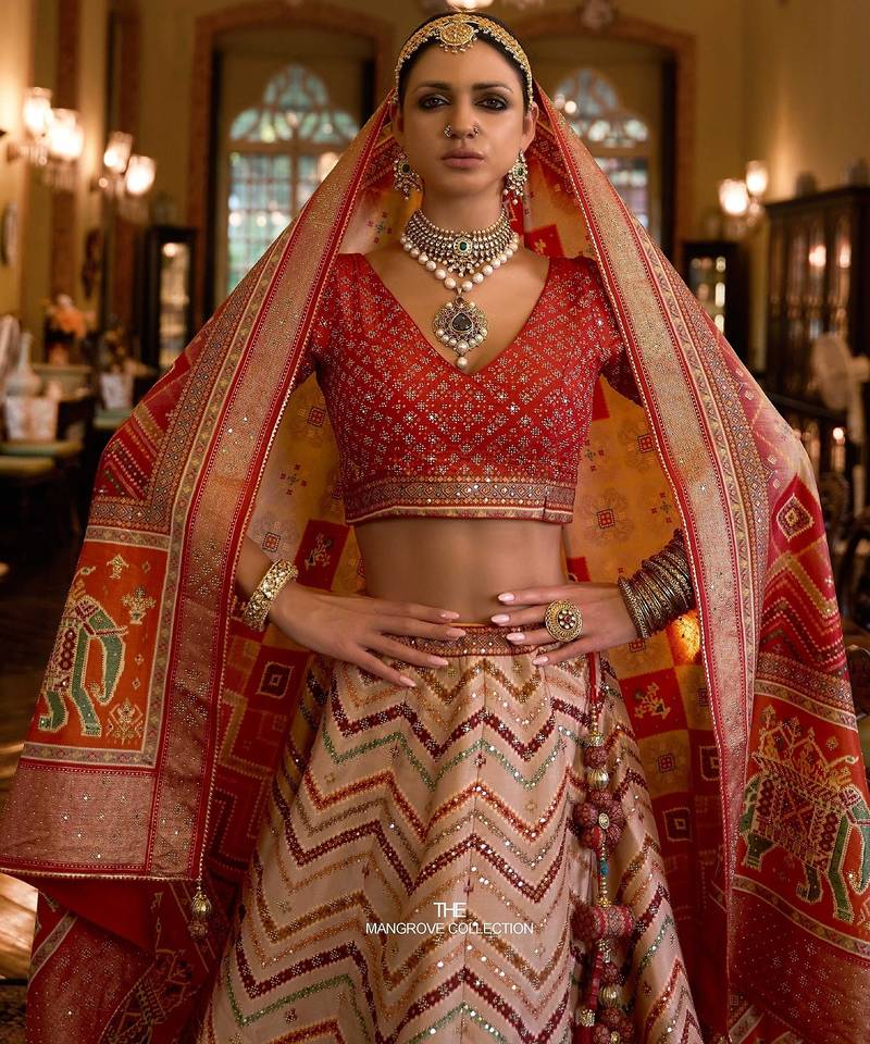 Multi Mirror Silk Blend Semi Stitched Lehenga Set