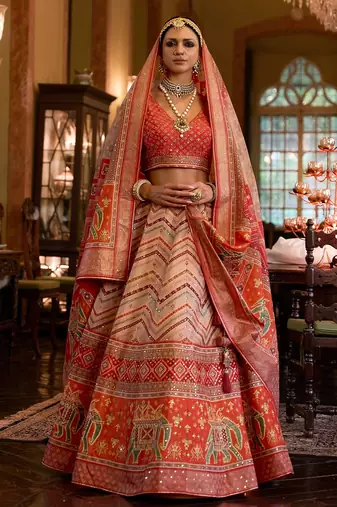 Multi Mirror Silk Blend Semi Stitched Lehenga Set
