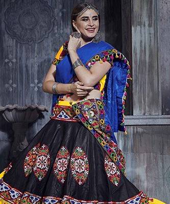 Yellow & Black Embroidered Sequins & Plastic Mirror Silk Blend Semi Stitched Lehenga Set 1