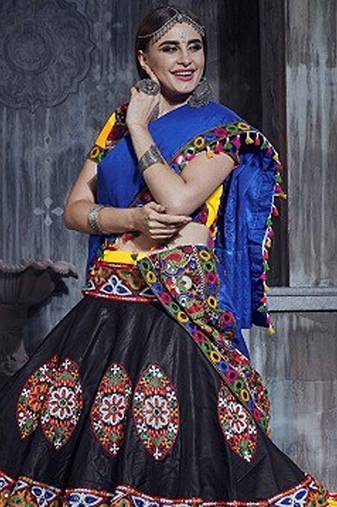 Yellow & Black Embroidered Sequins & Plastic Mirror Silk Blend Semi Stitched Lehenga Set