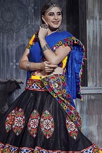 Yellow & Black Embroidered Sequins & Plastic Mirror Silk Blend Semi Stitched Lehenga Set