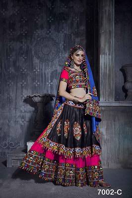 Pink & Black Embroidered Sequins & Plastic Mirror Silk Blend Semi Stitched Lehenga Set 1