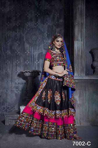 Pink & Black Embroidered Sequins & Plastic Mirror Silk Blend Semi Stitched Lehenga Set