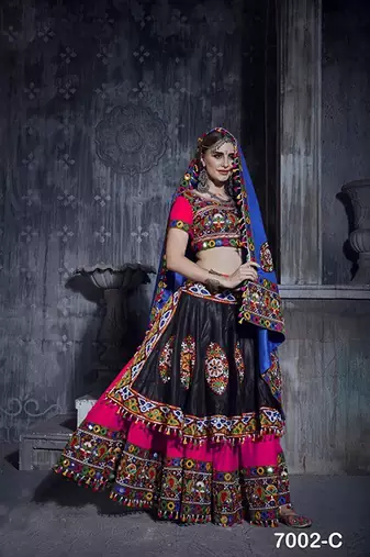 Pink & Black Embroidered Sequins & Plastic Mirror Silk Blend Semi Stitched Lehenga Set