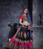 Pink & Black Embroidered Sequins & Plastic Mirror Silk Blend Semi Stitched Lehenga Set