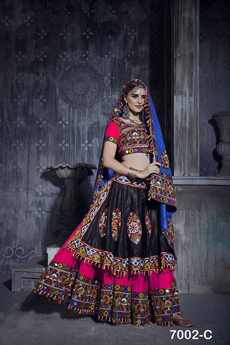 Pink & Black Embroidered Sequins & Plastic Mirror Silk Blend Semi Stitched Lehenga Set