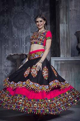 Pink & Black Embroidered Sequins & Plastic Mirror Silk Blend Semi Stitched Lehenga Set 2