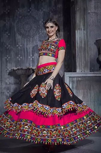 Pink & Black Embroidered Sequins & Plastic Mirror Silk Blend Semi Stitched Lehenga Set