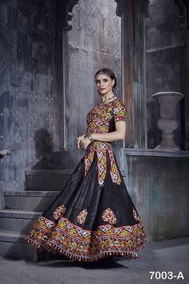 Black Embroidered Sequins & Plastic Mirror Silk Blend Semi Stitched Lehenga Set 1