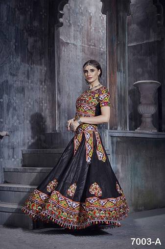Black Embroidered Sequins & Plastic Mirror Silk Blend Semi Stitched Lehenga Set