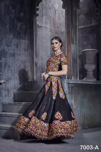 Black Embroidered Sequins & Plastic Mirror Silk Blend Semi Stitched Lehenga Set