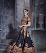 Black Embroidered Sequins & Plastic Mirror Silk Blend Semi Stitched Lehenga Set