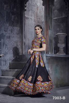 Black Embroidered Sequins & Plastic Mirror Silk Blend Semi Stitched Lehenga Set 1