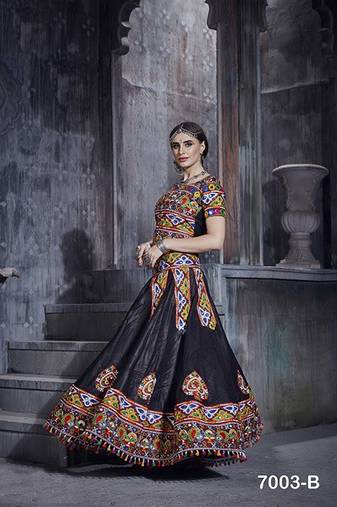 Black Embroidered Sequins & Plastic Mirror Silk Blend Semi Stitched Lehenga Set