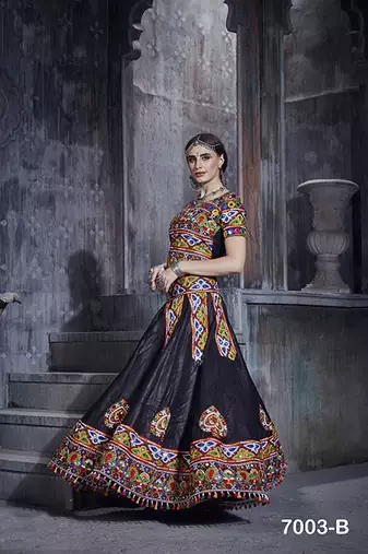 Black Embroidered Sequins & Plastic Mirror Silk Blend Semi Stitched Lehenga Set